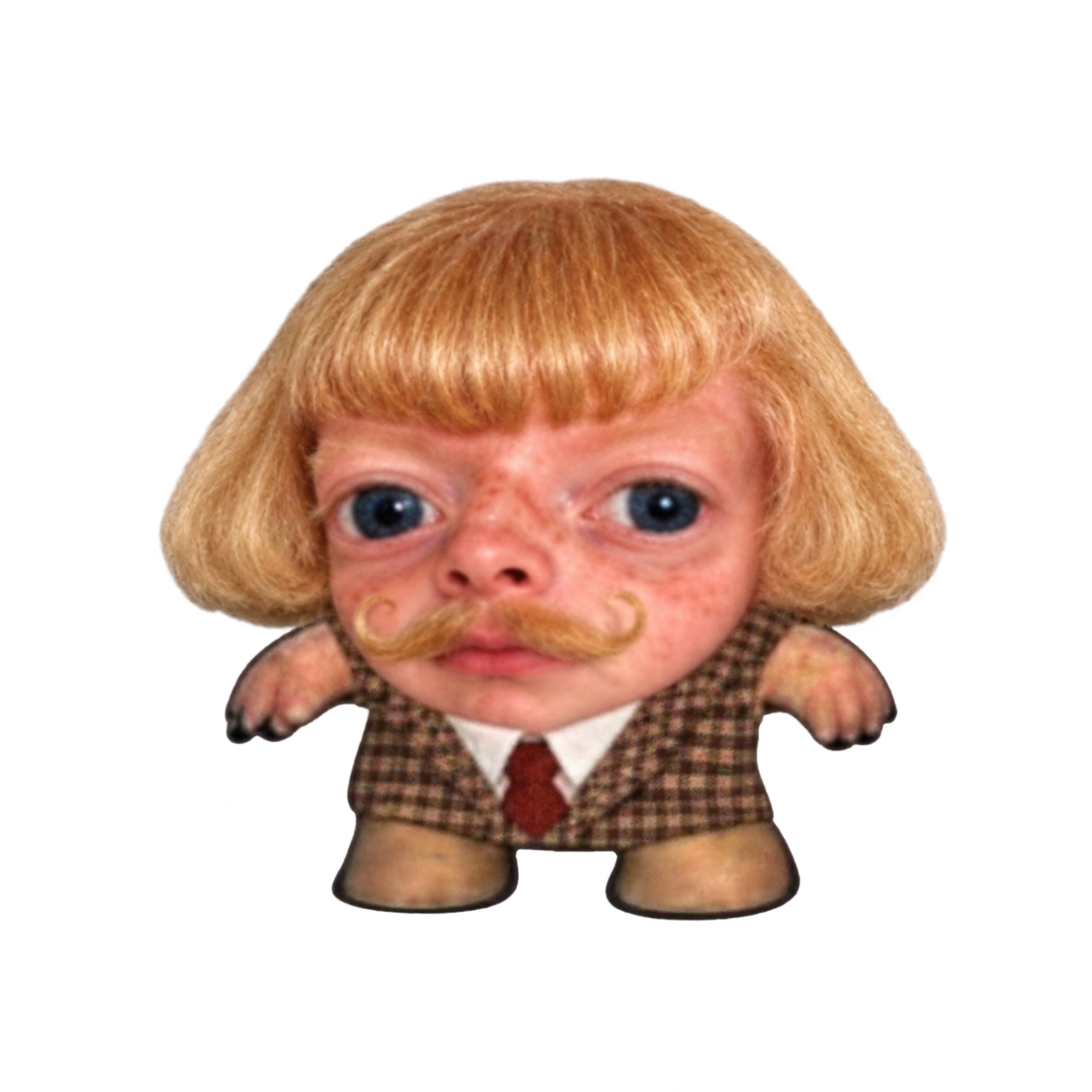 Mini Jean Phil in a plaid suit with a blond bowl cut and curled mustache